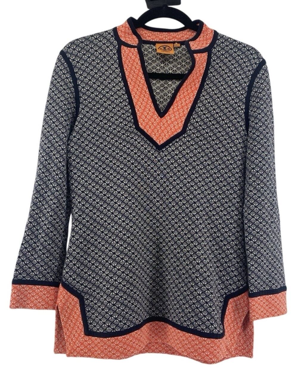 Tory Burch Womens Geometric Knit Split Neck Tunic Top Black Orange Cotton Sz XS